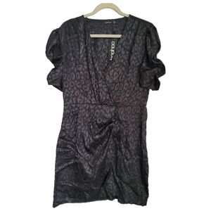 Boohoo Dress Womens Size 10 Black Leopard Jaquard Mini Puff Sleeve